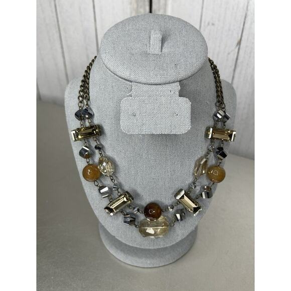 Chain Chunky Statement Necklace Rhinestone Silver Brown Tones Beaded - Picture 1 of 4